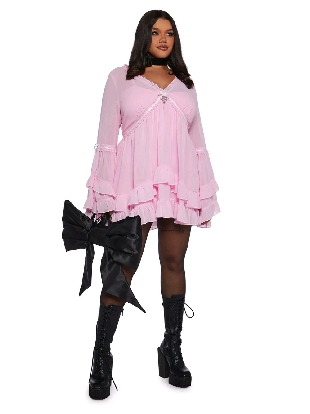 Flowy Pink Ruffle Mini Dress with Bell Sleeves